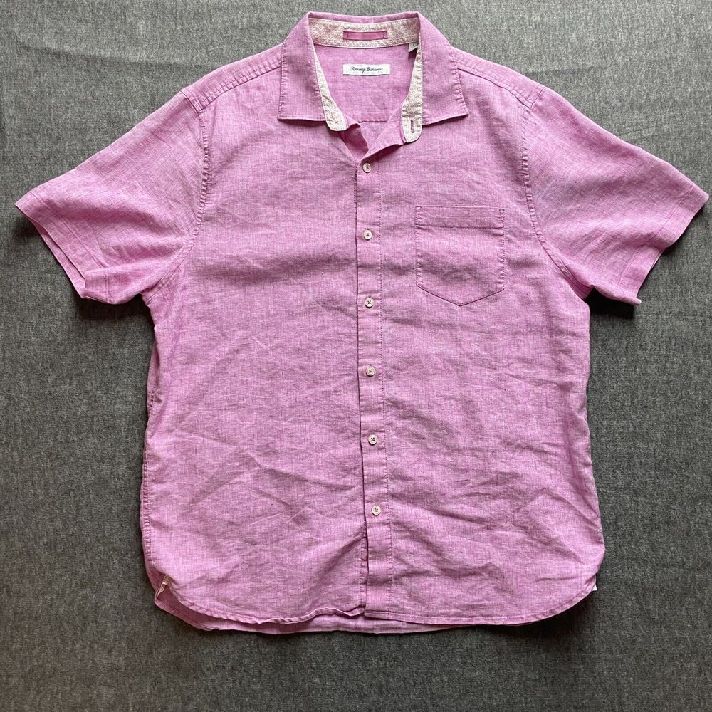 Tommy Bahama Adult Large Button Up Shirt 100% Linen short Sleeve Pink Men’s